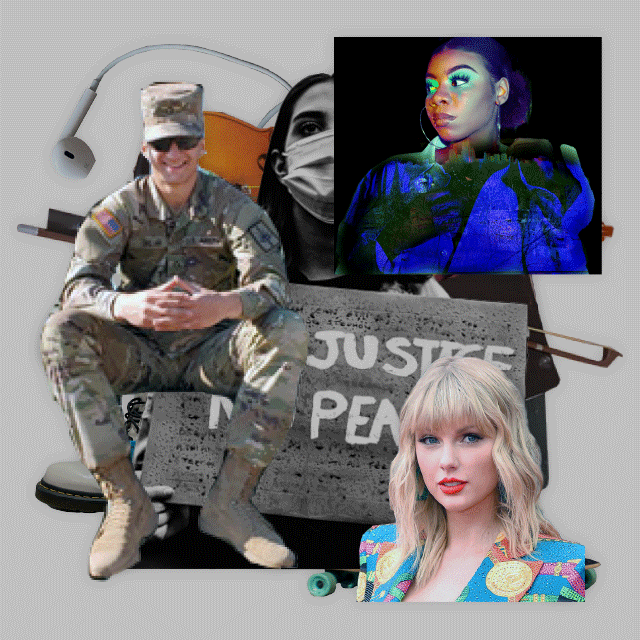 Collage of several GenZ icons including Taylor Swift, a US soldier and a masked woman holding a protest sign
