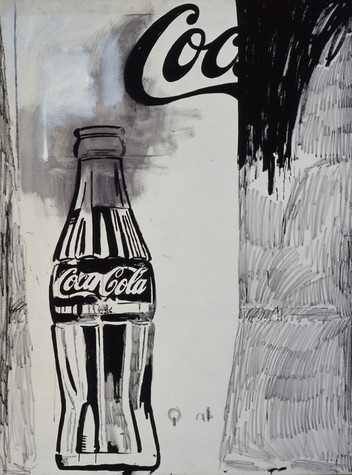 A black Coca-Cola bottle sits on the left side of the image, beside a thin grey, cross-hatched block that runs up the left side of the page. The right side of the image is mostly occupied by a similar grey, cross-hatched block which becomes solid black near the top. The beginning of the word Coca-cola is also visible here, disappearing behind the bar on the right of the image.