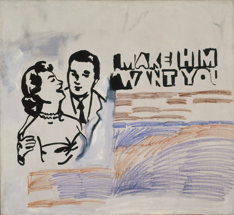 Painted in black-and-white in a bold, graphic fashion, a man has his arm around the shoulder of an elegantly dressed woman. Do the right of the couple are the words “MAKE HIM WANT YOU.” Under these images are bands of broad, sweeping crayon scribbles in dark brown, navy blue, and sepia.