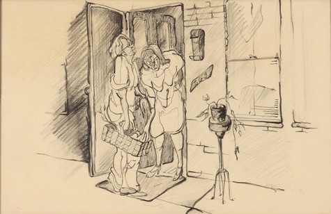 An abstract sketch of two female figures in the doorway of a stone buildings. The figures are not given detail and almost appear to be melting. There is a potted plant on a small stand beside the door.