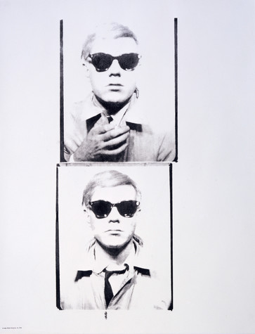 Two vertically stacked photographs of Andy Warhol wearing dark sunglasses, a coat, and a dress shirt with a tie. In the top image, his hand is raised to his chest, and in the bottom it is not in the frame.