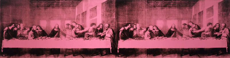 Screen print of two Leonardo da Vinci’s “The Last Supper” side by side in pink and black.