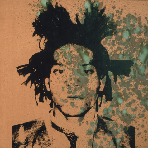 A portrait of Jean-Michel Basquiat has been printed overtop a canvas covered in copper paint. The right side of the image is splattered with green patches of oxidation.