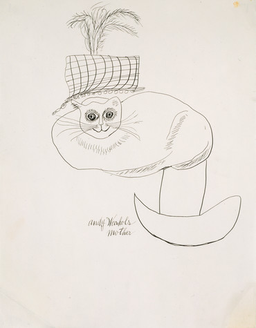 An ink drawing of a reclining cat wearing a hat with a feather. “Andy Warhol's Mother is written in cursive on the lower left hand side.