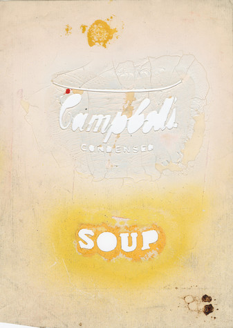 A stencil on yellowed paper for a Campbell's condensed soup can. The test Soup near the bottom of the can has a halo of gold paint around it from being used.