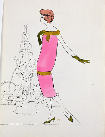 An artwork on paper by Andy Warhol of a standing woman in a pink dress, green gloves and green high-heel shoes with light brown hair. She is looking to the left. There is an outline of a large, decorative fountain in the background.