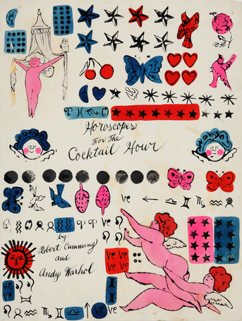 A painting by Andy Warhol and Robert Cumming done on paper. Horoscopes for the Cocktail Hour is written in the middle of the artwork, which different colored objects, such as stars, butterflies, birds, angels, horoscope symbols, cherries and strawberries are painted all over. In the bottom-left corner, by Robert Cumming and Andy Warhol is written.