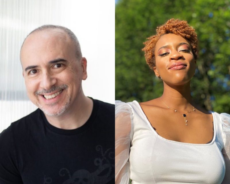 Two photos together. The one on the left is of a closeup of a person smiling in front of a white background, wearing a black shirt. The one on the right is a person smiling outside with green trees in the background, wearing a white dress and necklace.