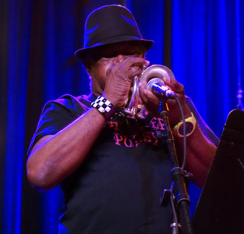 A man wearing a hat plays a horned instrument into a microphone on a stage.