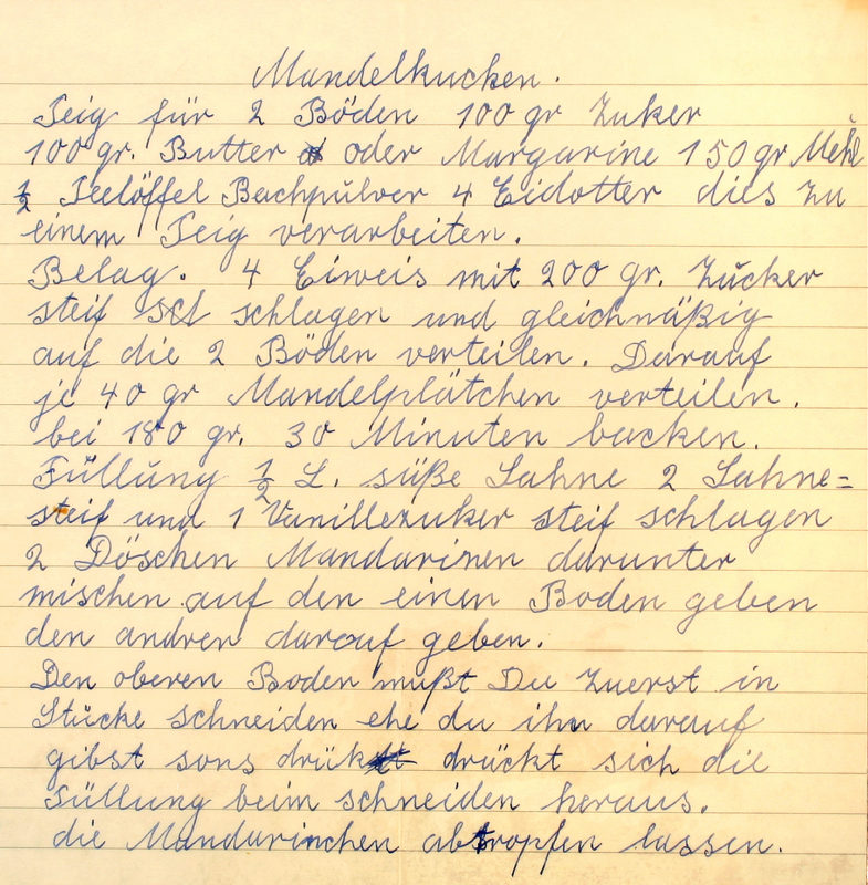 Scan of handwritten Mandelkuchen recipe written in German.