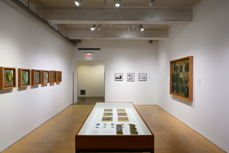 installation view of a small gallery with several small abstract brownish-gold paintings in frames. A large vitrine in the center displaces several small items. The back wall displays 3 small black and white photographs.
