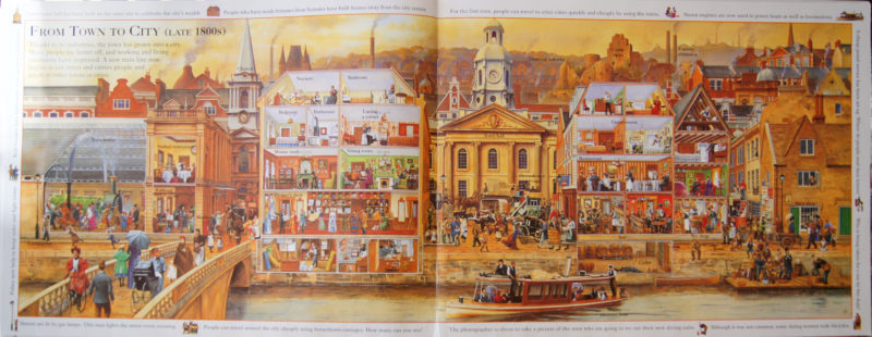 Interior view of opened book. The illustration spans two pages and depicts a street in the late 1800s.