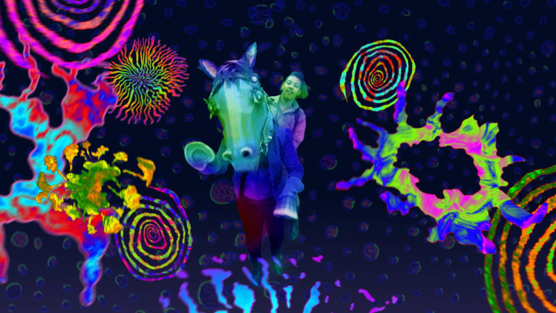 A multi-colored person rides an oversized horse against a backdrop of psychedelic colors and patterns.