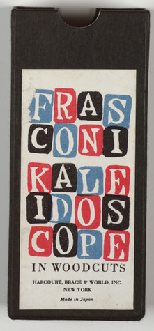 Front cover of an accordian style artist print book. It has the words “Frasconi Kaleidoscope” spelled out in white letters on blue, red, and black squares. The word “in woodcuts” is written beneath in black.