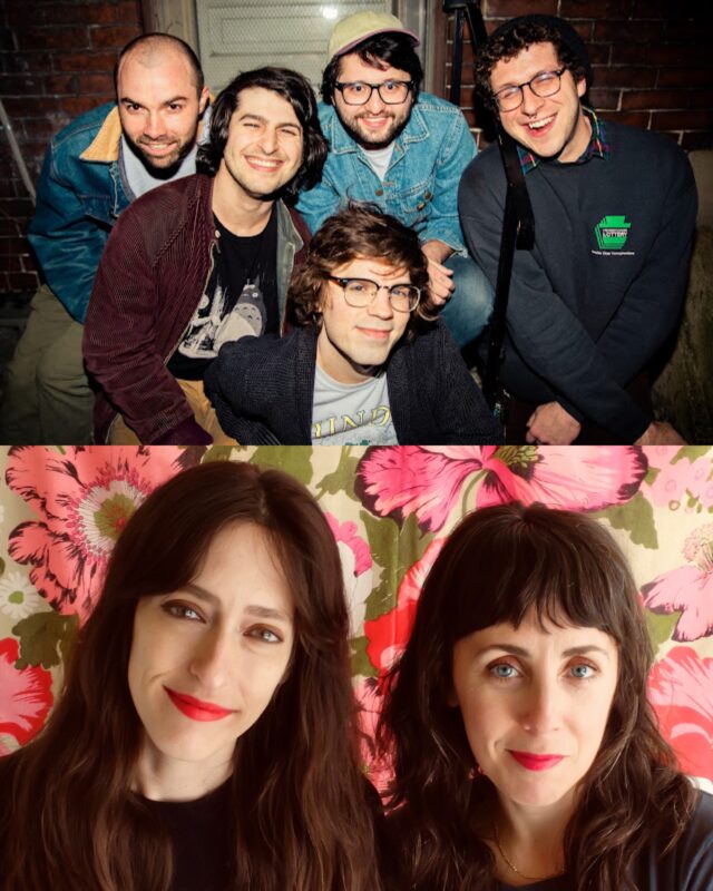 Two photos one on top of the other. The top photo has the group of five members of the Zells smiling in front of the camera. The bottom photo is the two members of Late. in front of a hanging pink flower print.