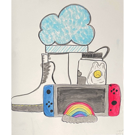 Hand drawn Still life objects: a rainbow, boot, cloud and other objects