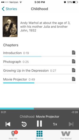 Screen shot from Out Loud, The Warhol’s audio guide, showing the play screen of a story about Warhol's childhood.
