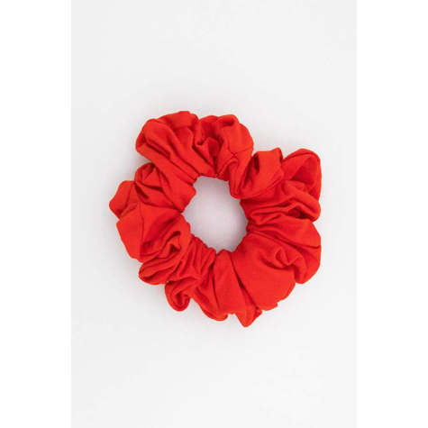 A red, elastic hairband or scrunchie