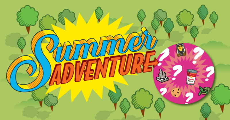 A graphic that says Summer Adventure on a green background with trees. There is a pink circle to the right of the image that has question marks and other images in it.